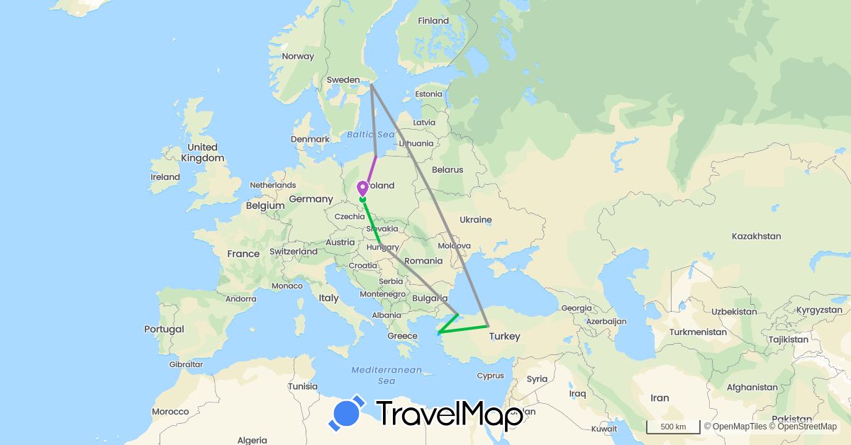 TravelMap itinerary: driving, bus, plane, train, boat in Greece, Hungary, Poland, Sweden, Turkey (Asia, Europe)